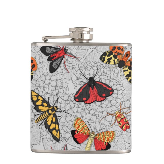 Moths on hydrangea hip flask (Front)