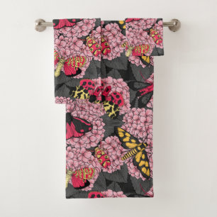 Moths on pink hydrangea bath towel set