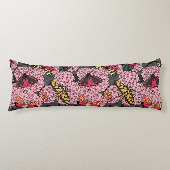 Moths on pink hydrangea body pillow (Front)