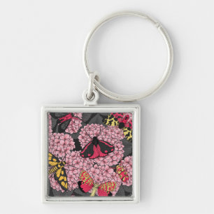 Moths on pink hydrangea keychain
