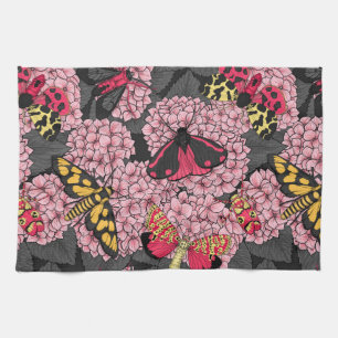 Moths on pink hydrangea kitchen towel