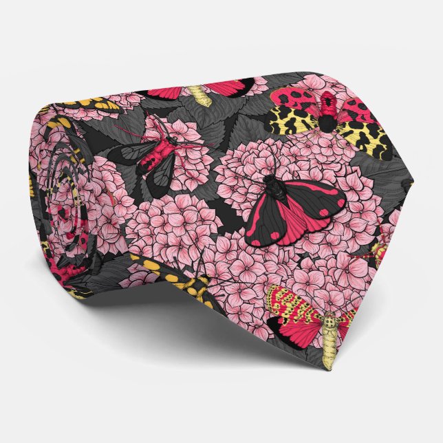 Moths on pink hydrangea tie (Rolled)