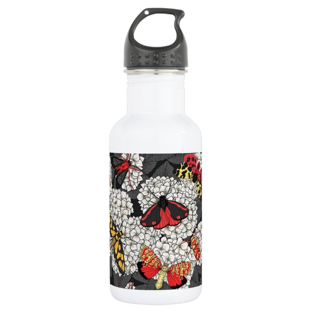 Moths on white hydrangea 532 ml water bottle (Front)