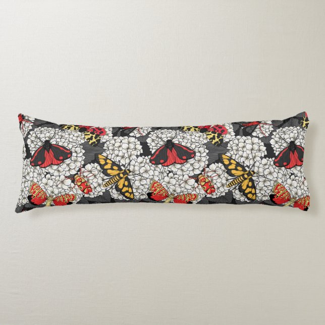 Moths on white hydrangea body pillow (Front)