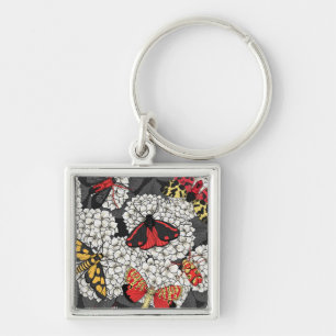 Moths on white hydrangea keychain