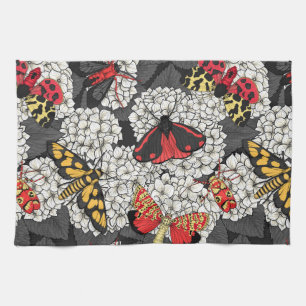 Moths on white hydrangea kitchen towel