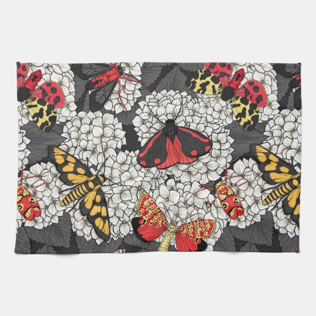Moths on white hydrangea kitchen towel (Horizontal)