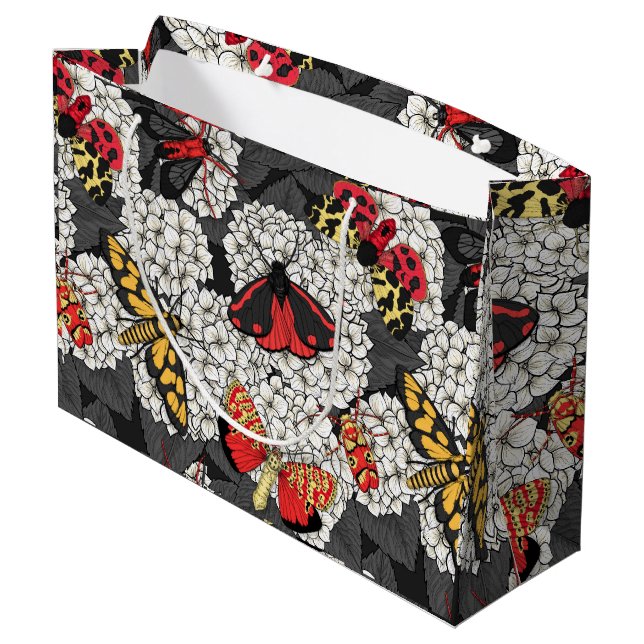 Moths on white hydrangea large gift bag (Back Angled)