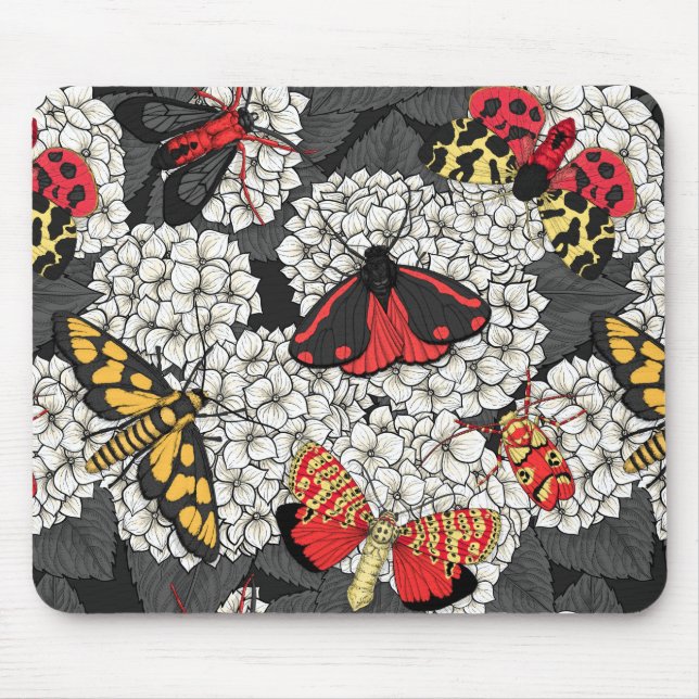 Moths on white hydrangea mouse pad (Front)