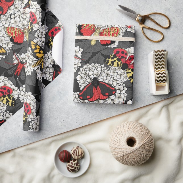 Moths on white hydrangea wrapping paper (Crafts)