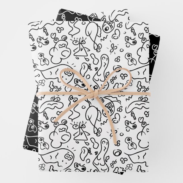 Motif à doodle noir et blanc enveloppe feuille pap (En situation)