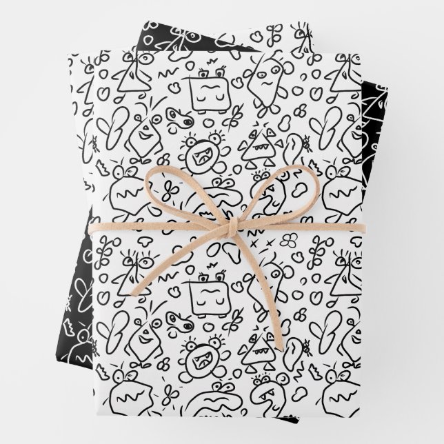 Motif à doodle noir et blanc enveloppe feuille pap (En situation)