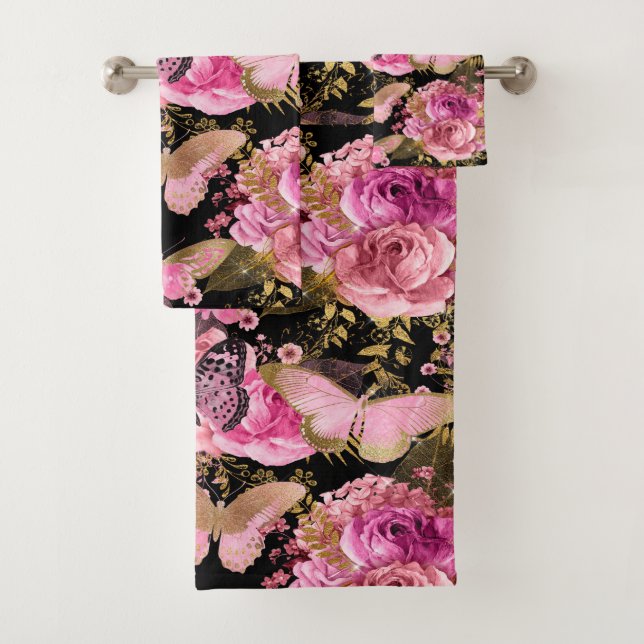 Motif à papillon floral rose et or (En situation)