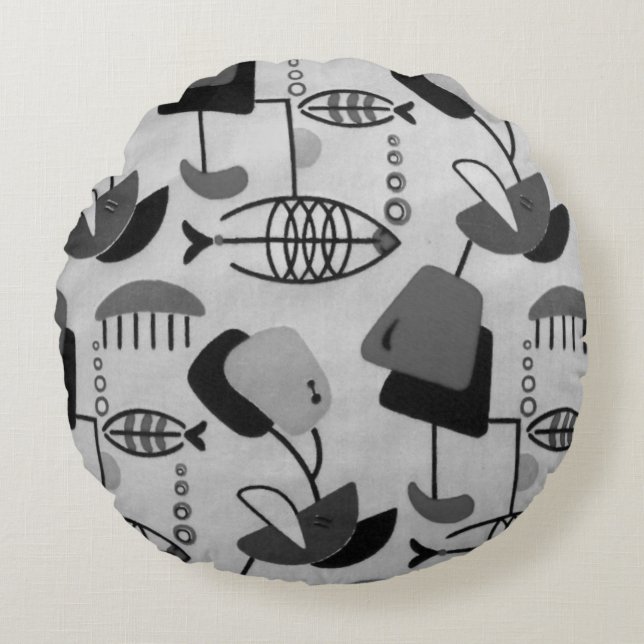 Motif atomique noir et blanc Coussin rond (Devant)