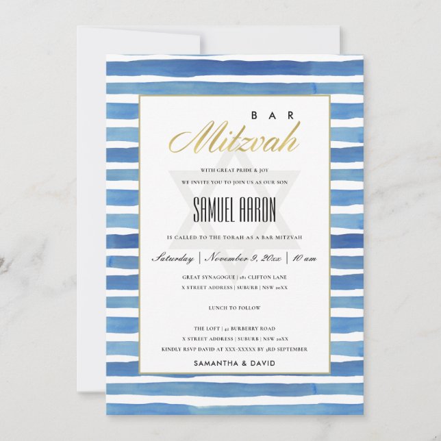 MOTIF BAT BAR MITZVAH INVITATION BLUE INDIGO STRIP (Devant)