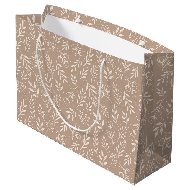 Motif Botanique Beige Chaud - Grand Sac Cadeau (Dos Angle)