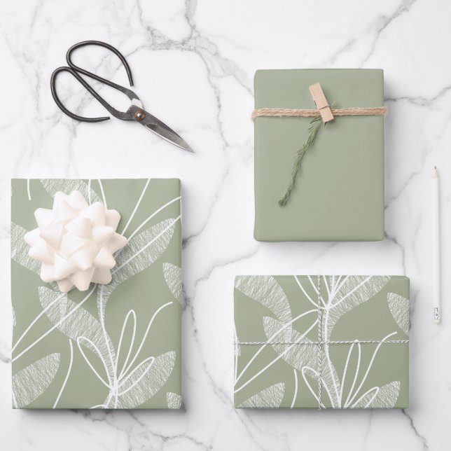 Motif botanique Feuille dressé à Sage Green (Recto)