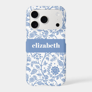 Motif botanique floral blanc bleu avec nom personn