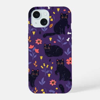 Motif Chats noirs et Fleurs sauvages