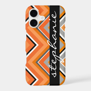 Motif chevron chic noir gris orange nom manuscrit