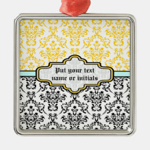 Motif Damas noir blanc jaune aqua ornement