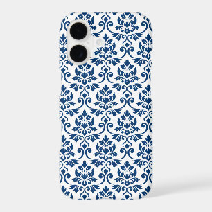 Motif damassé feuille bleu foncé sur blanc