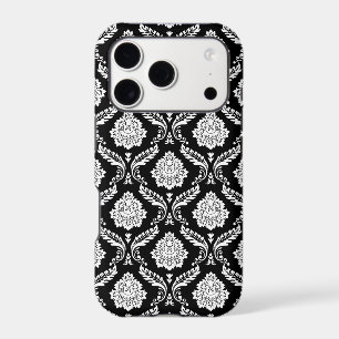 Motif Damassé Rococo Blanc sur Fond Noir 