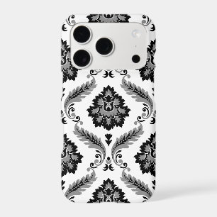 Motif Damassé Rococo Gris Noir Blanc