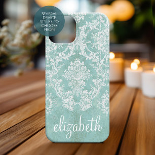 Motif damassé vintage bleu glace finition grunge