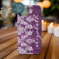 Motif Damassé Vintage Prune et Nom