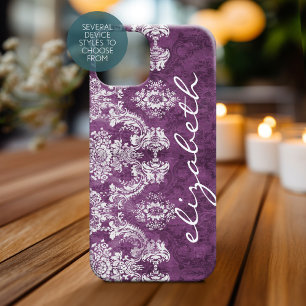 Motif Damassé Vintage Prune et Nom