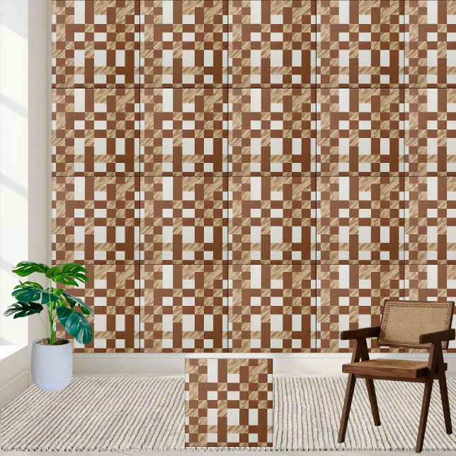 Motif de carreaux À damiers blanc et Brown géométr (Geometric Brown and White Checkered Tile Pattern)