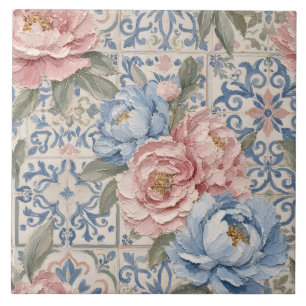 Motif de carreaux de pivoine rose bleue florale vi
