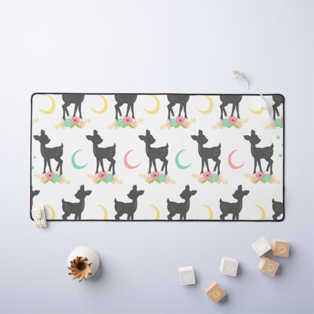 Motif de cerfs, Cerf de bébé, Boho, Fleurs, Lune (Tableau pour enfants)