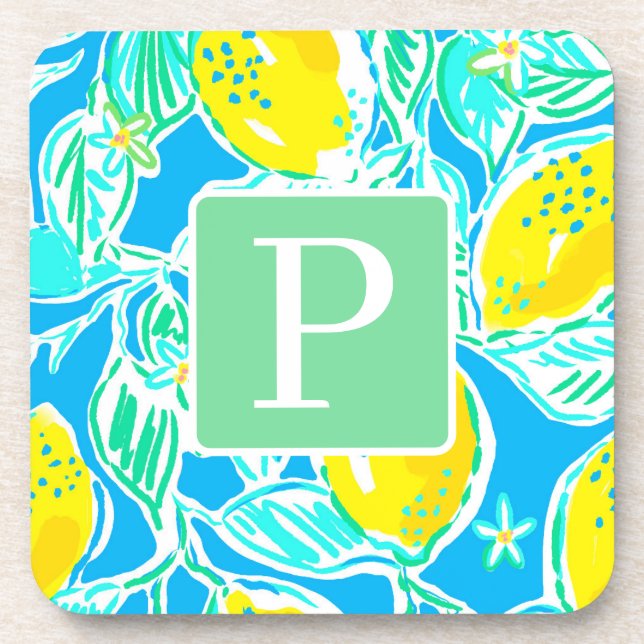 Motif de citron bleu Preppy Dessous de verre initi (Devant)