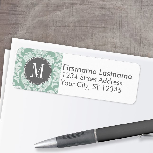 Motif de Damas de la menthe et gris Monogramme per (Custom Return Address Labels - Low Minimum)