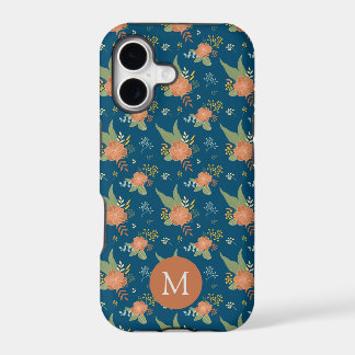 Motif de fleur de pêche vintage monogramme bleu fo