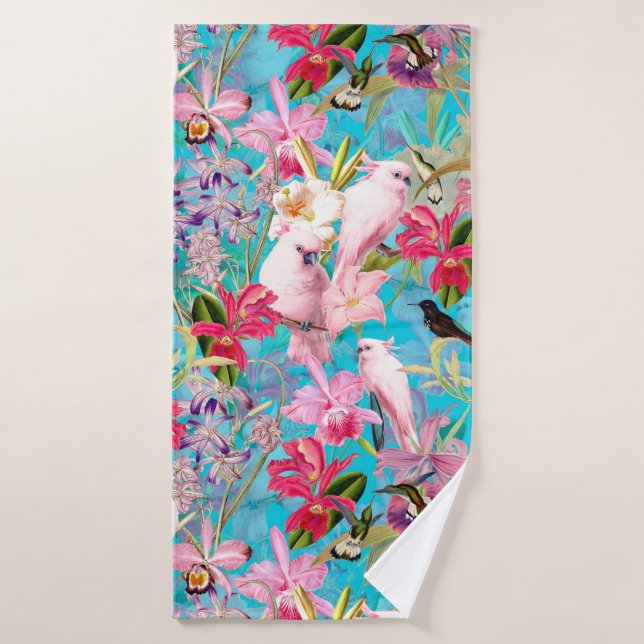 Motif De Fleur D'Oiseau Et D'Orchidées Rose Tropic (Serviette de bain)