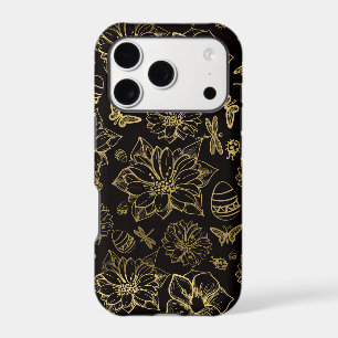 Motif de fleurs papillons en or
