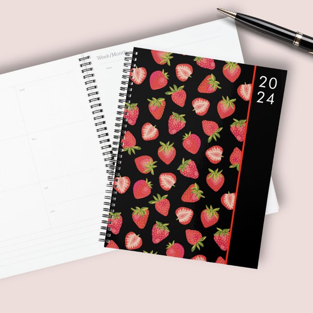 Motif de fraises (Cute strawberry planner with juicy red strawberries on black background. Customise the year text.)