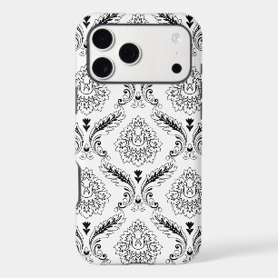 Motif de ligne en damas rococo noir sur blanc pour