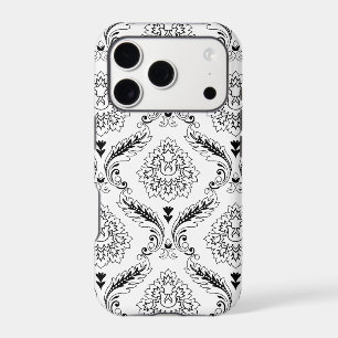 Motif de ligne en Damas Rococo Noir sur Blanc pour