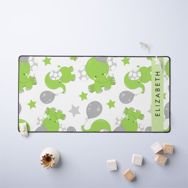 Motif Des Eléphants Verts, Étoiles, Votre Nom (Tableau pour enfants)