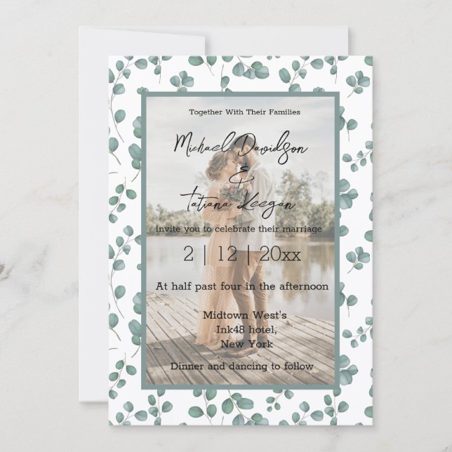 motif design vert mariage photo invitation (Devant)