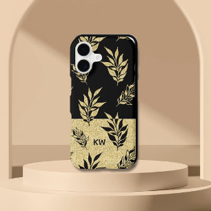 Motif élégant à feuilles noires et dorées Monogram
