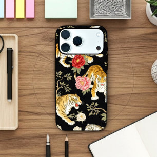 Motif élégant de chinoiserie noire avec tigre et p