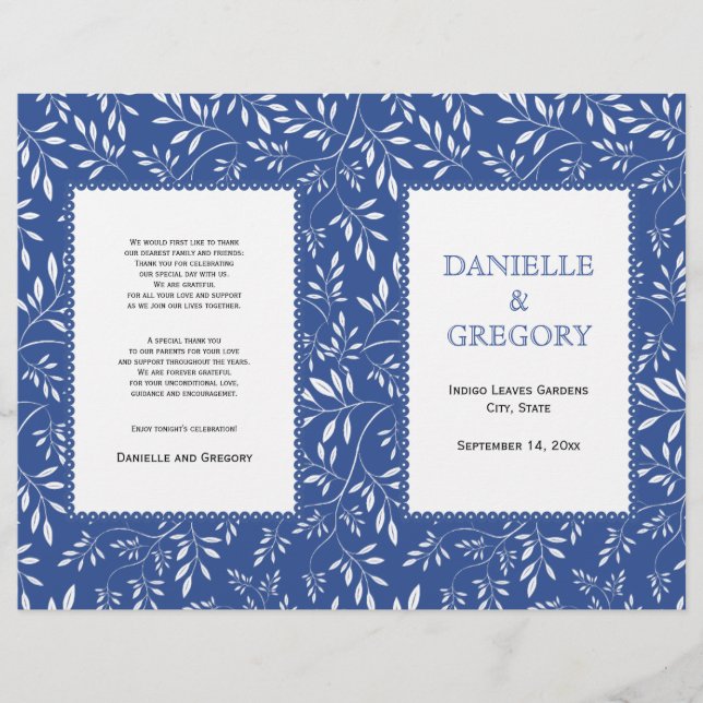 motif feuille, programme de mariage plié bleu indi (Devant)