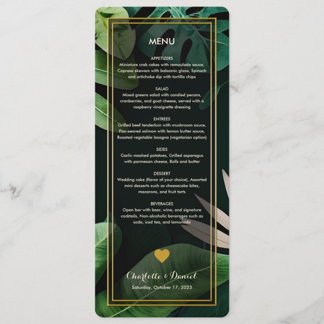 Motif Feuille thématique | Carte de menu Mariage (Devant)