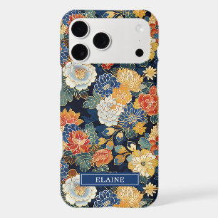 Motif floral bleu japonais monogrammé