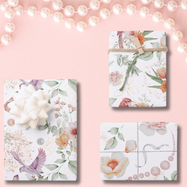 Motif floral élégant Fleurs jolies Feuilles Oiseau (Floral Elegant Pattern with Pretty Flowers, Leaves, and Birds Wrapping Paper Sheets)